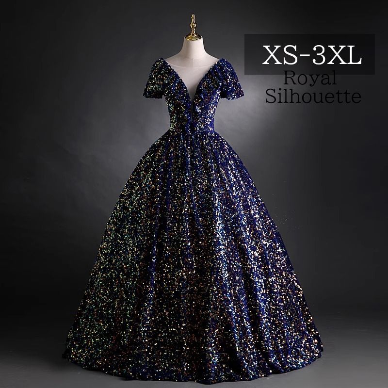 ナイトドレス パーティードレス ブルー 青 スパンコール 結婚式 大きいサイズ ドレス 謝恩会 XS S M L XL LL 2XL XXL 3XL XXXL パーティー 姫系 発表会 プリンセス ロング丈 フェミニン 披露宴 袖あり 豪華