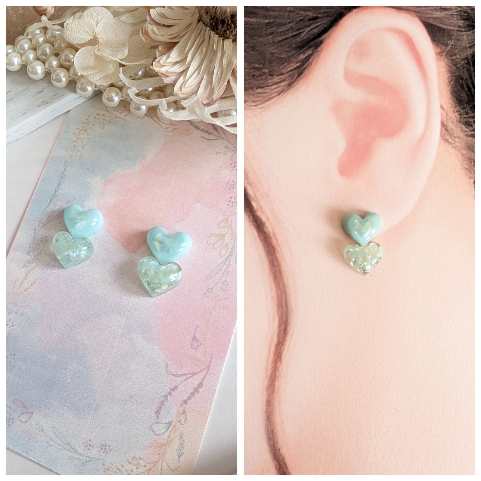 うるツヤ♡ ツインハート ピアス イヤリング ミントグリーン - メルカリ