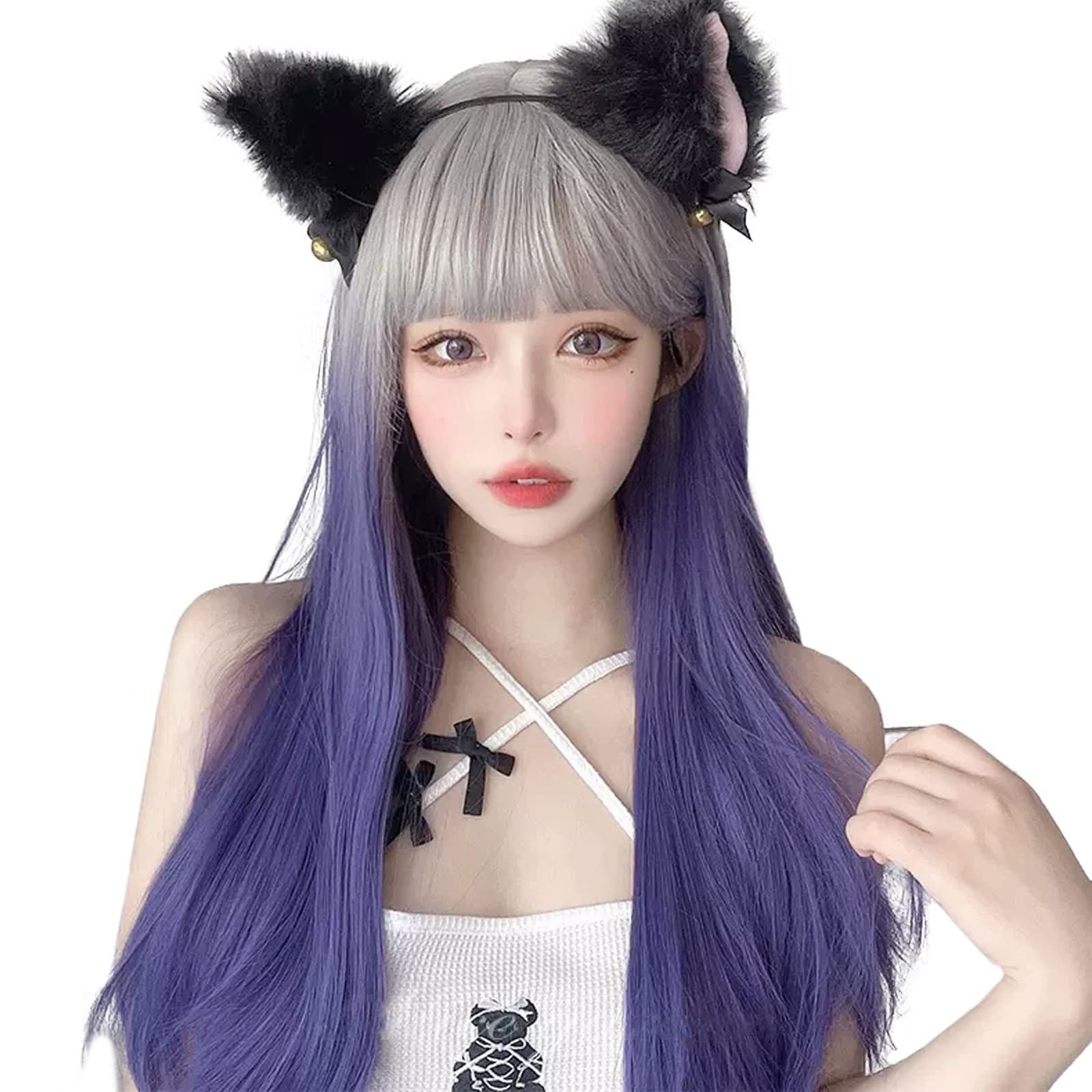 【数量限定】ネット/櫛付き（グレー×ブドウパープル） コスプレ 女装 ファッション 原宿系 wig 耐熱 人気 小顔 Free ロリータ 原宿 ぱっつん 自然 グラデーション インナーカラー カツラ レデ