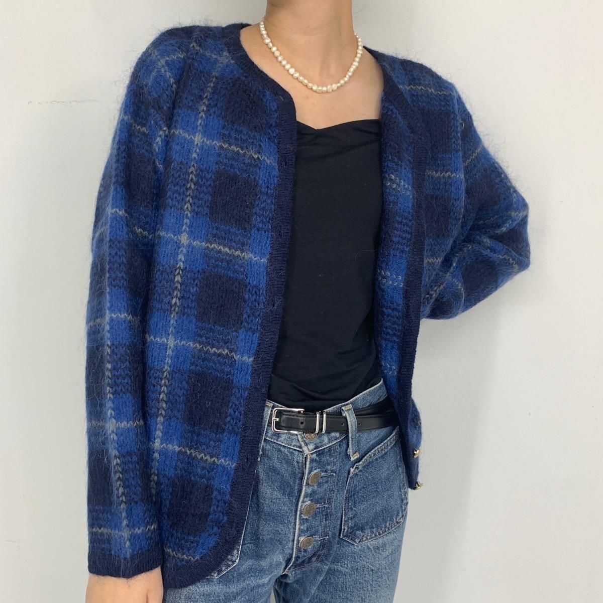 古着 dressbarn チェック柄 モヘアニットカーディガン 古着 dressbarn チェック柄 モヘアニットカーディガン