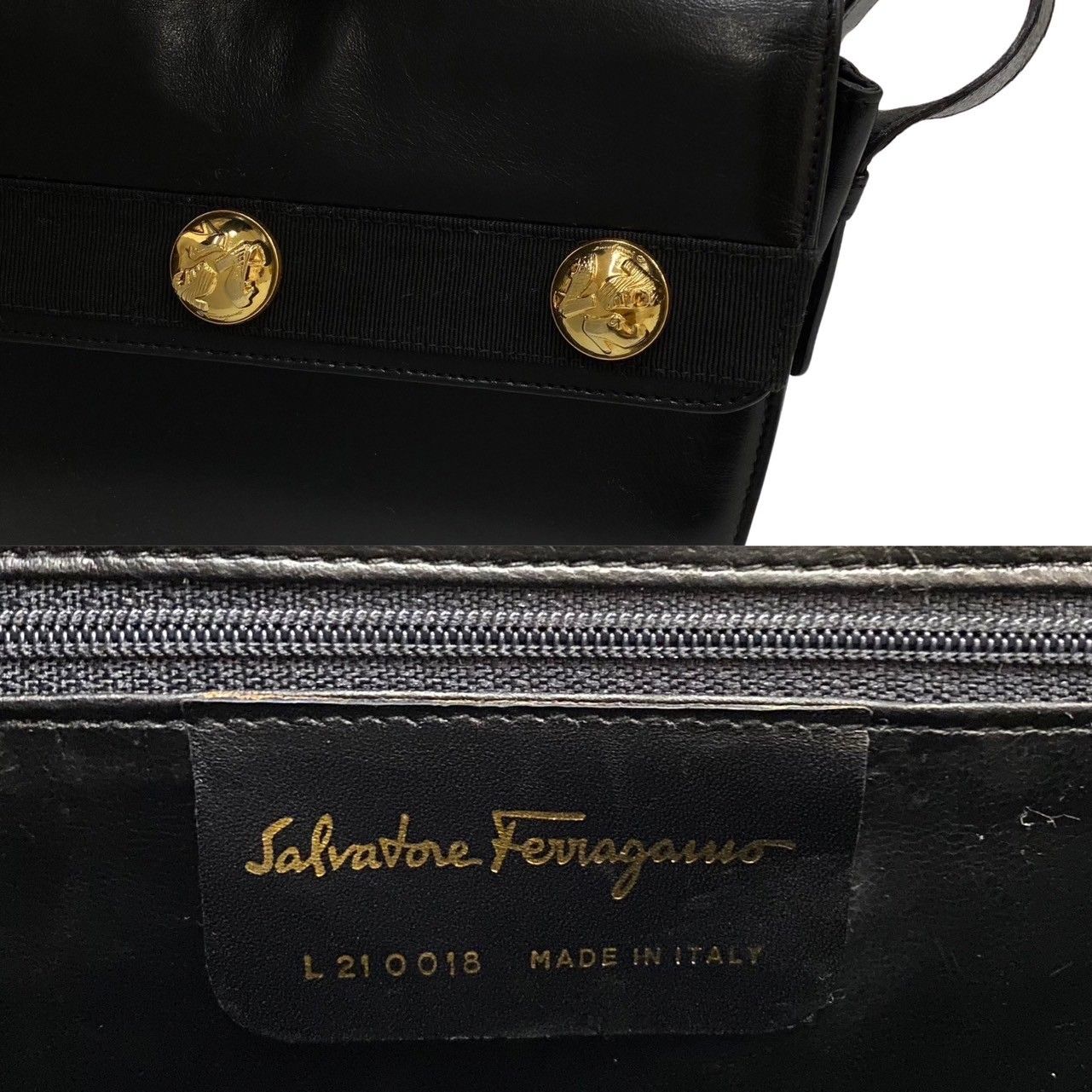 極 美品 Salvatore Ferragamo サルヴァトーレフェラガモ ヒール 金具 レザー ワン ショルダーバッグ トートバッグ ブラック 20698