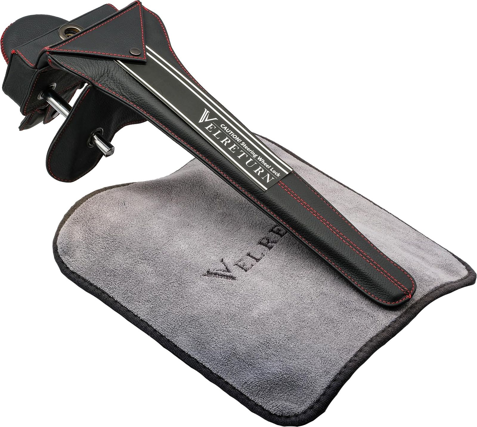 VELRETURN ヴェルリターン 車用 盗難防止 ハンドルロック ステアリングロック フルレザーモデル 日本車 外車対応 VT-RCW01 コーションプレート メーターフード保護マット 日本語取り扱い説明書付き ブラック レッドヘアライン Bla