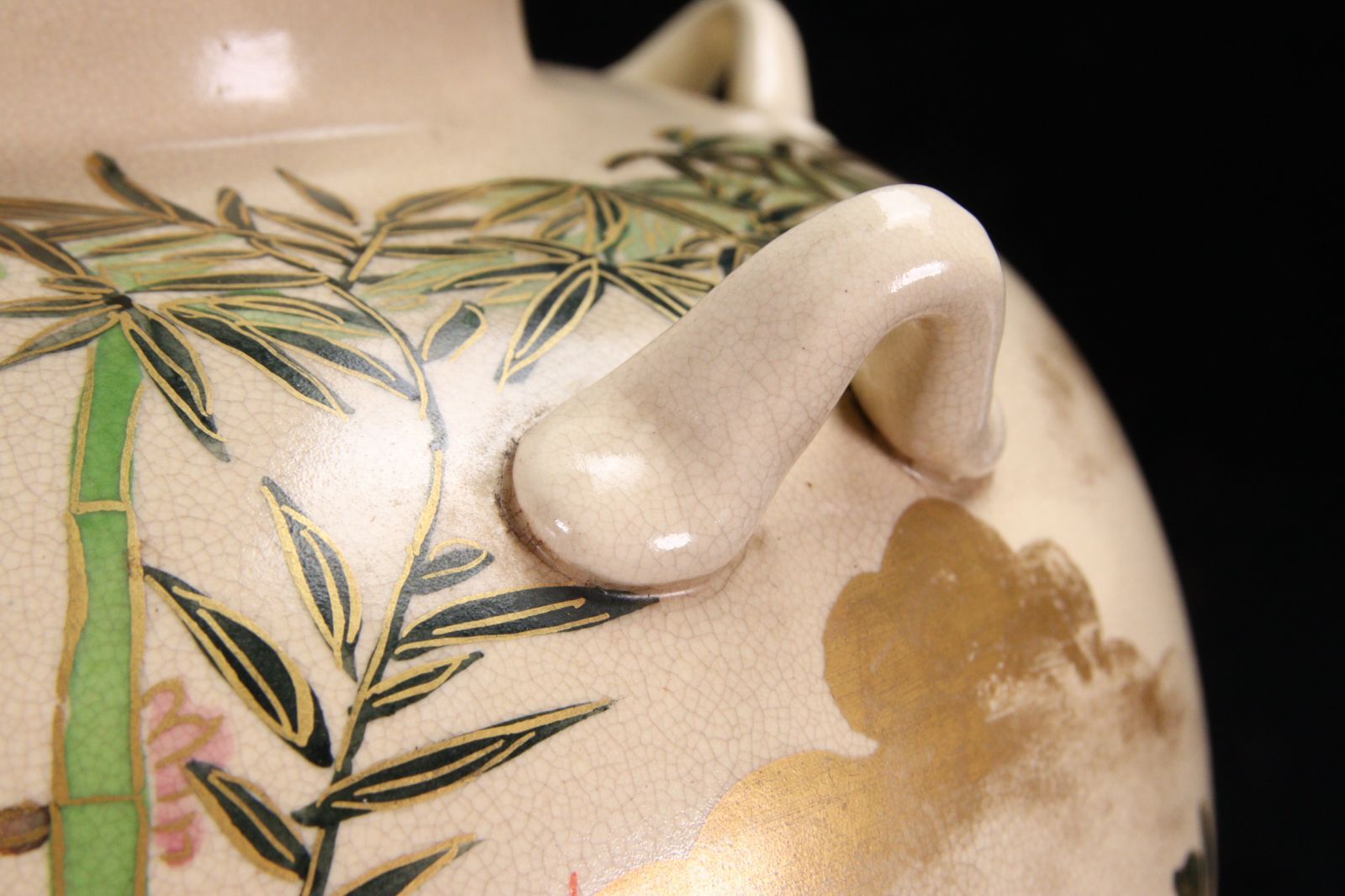 仁清焼 野々村仁清作 色絵金彩竹椿図四耳壷 28.5cm 唐物 骨董 古