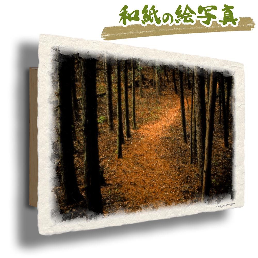 和紙の絵写真 「杉林の曲がる山道」 パネル付き 60x40cm 絵画 インテリア 玄関 風水 風景画 アート パネル ポスター おしゃれ 新築祝い 絵 壁掛け 和モダン 和風 ジャパンディ秋 茶色 木 森 