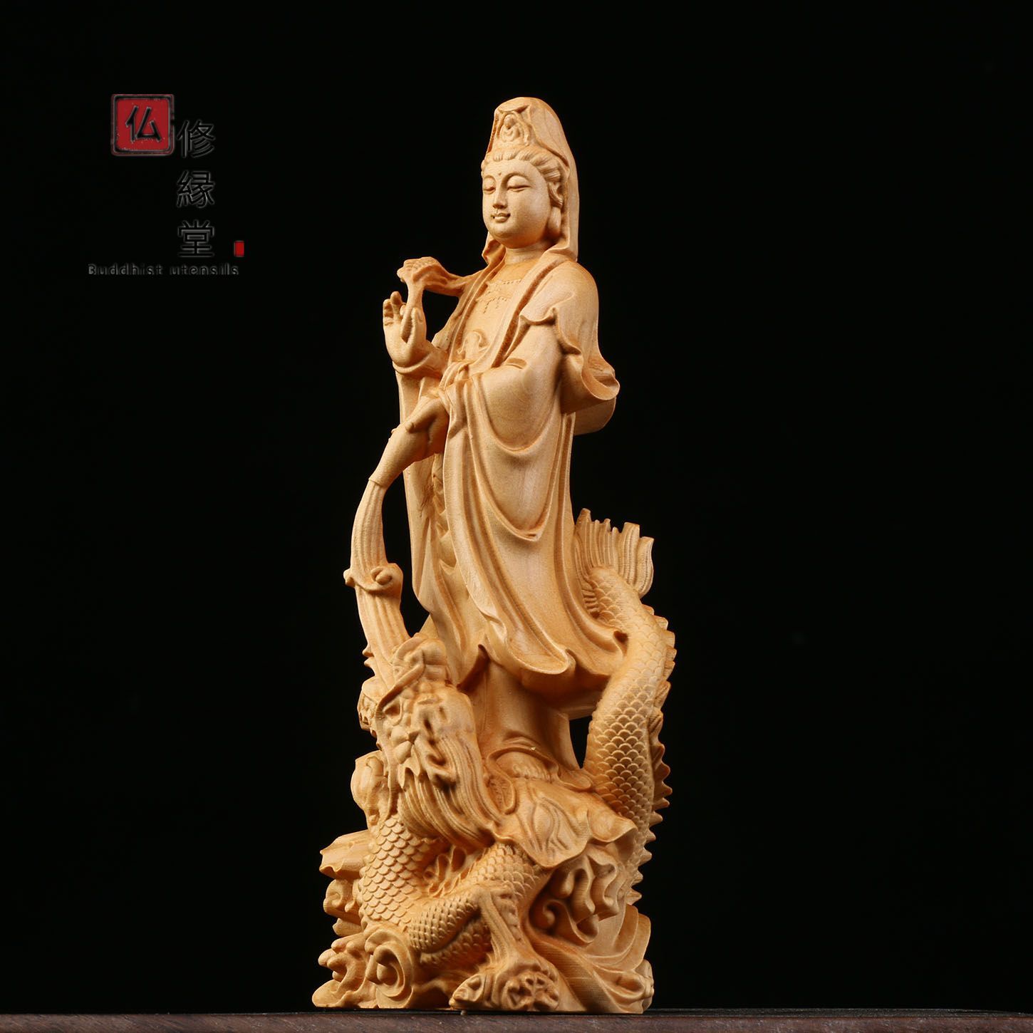 珍品 木彫り 仏像 観音菩薩 画像彫刻 仏教工芸 柘植材 仏師で仕上げ - 彫刻