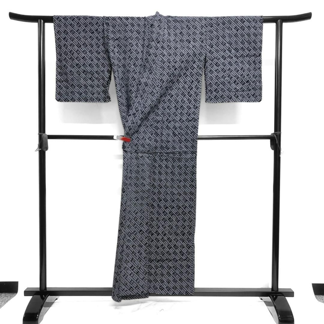 浴衣 有松鳴海絞り 藍染 斜め縞 鹿の子 抽象模様 ネイビー 着物