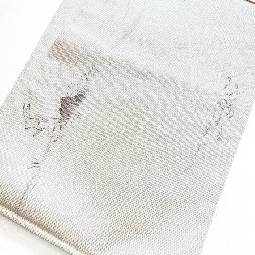 付け帯二部式鳥獣戯画洒落帯紬地着物ホワイト024w