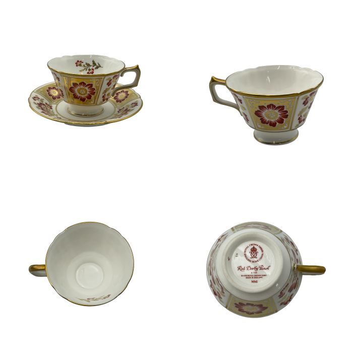 ロイヤルクラウンダービー レッド グリーン ダービーパネル  カップ＆ソーサー プレート  Crown Derby 洋食器 希少 中古 W４ 送料無料 ロイヤルクラウンダービー レッド グリーン ダービーパネル カップ