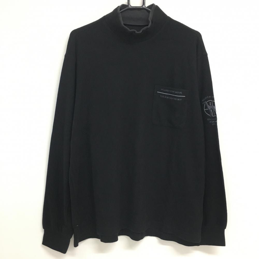 【美品】アダバット 長袖ハイネックシャツ 黒×ダークグレー 起毛素材 胸ポケット・刺しゅう メンズ 50(XL) ゴルフウェア adabat
