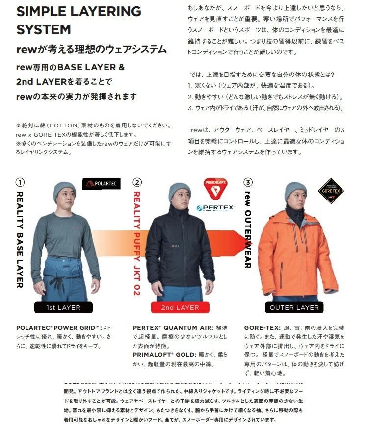 【特売セール】 REW THE REALITY PUFFY JKT 02 PRIMALOFT | アールイーダブリュー| ボード用インナー REW 送料無料 2026 モデル