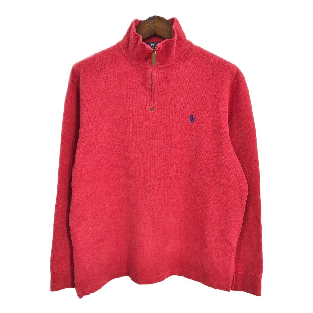 Polo by Ralph Lauren ポロ ラルフローレン ハーフジップ コットン ニット セーター ワンポイントロゴ レッド (メンズ L) 中古 古着 S1486