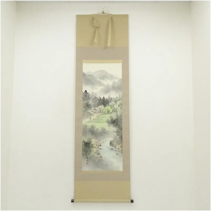 No5403 掛軸 成宮東湖 「新春梅屋」 山水図 絹本着色 共箱 送料無料 2025年