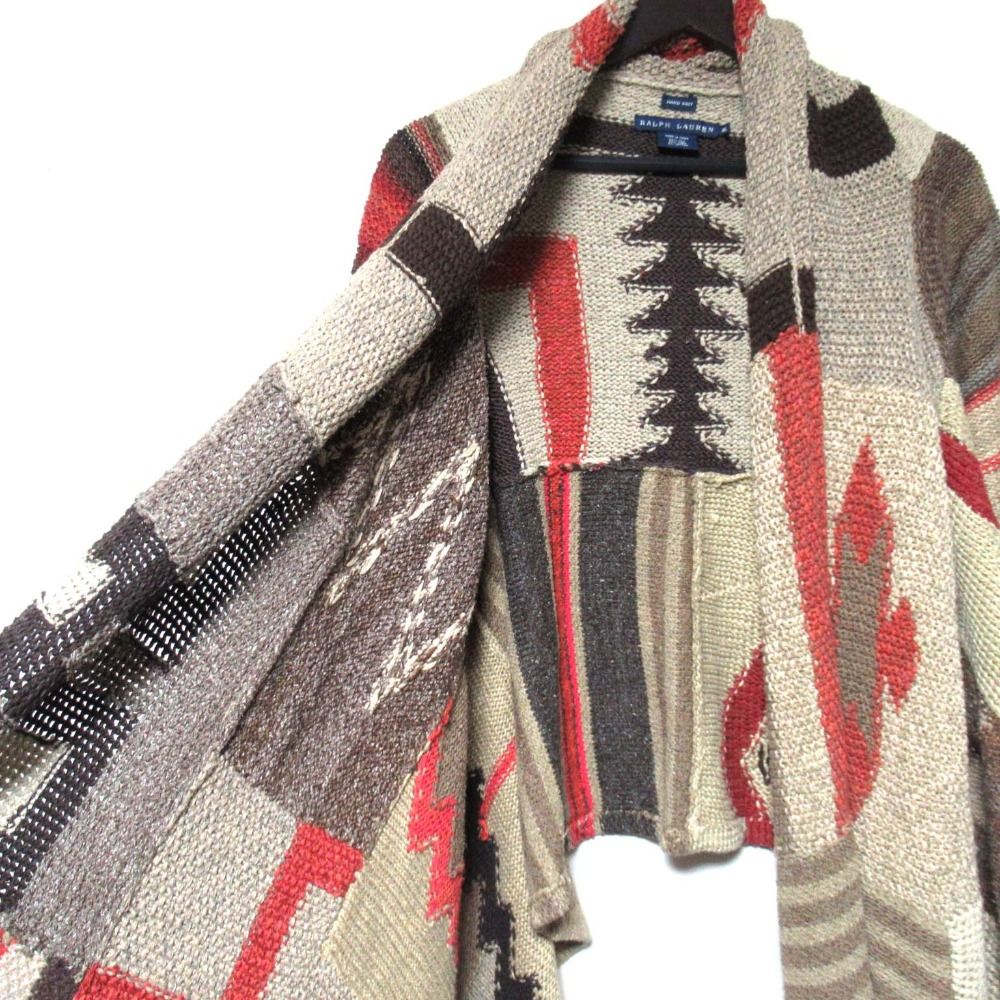 美品 RALPH LAUREN ラルフローレン ネイティブ柄 シルクリネン オープンフロント ハンドニット カーディガン SSRLLA2036 Lサイズ レディース 古着 中古 美品 RALPH LAUREN ラルフローレン ネイティブ柄 シルクリネン