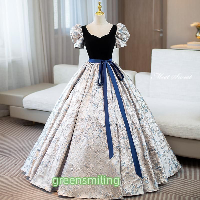 ドレス プリンセスライン ネイビー パフスリーブ 半袖 花柄 ロングドレス ウェディングドレス 結婚式 二次会 花嫁 前撮り 演 LYC361春