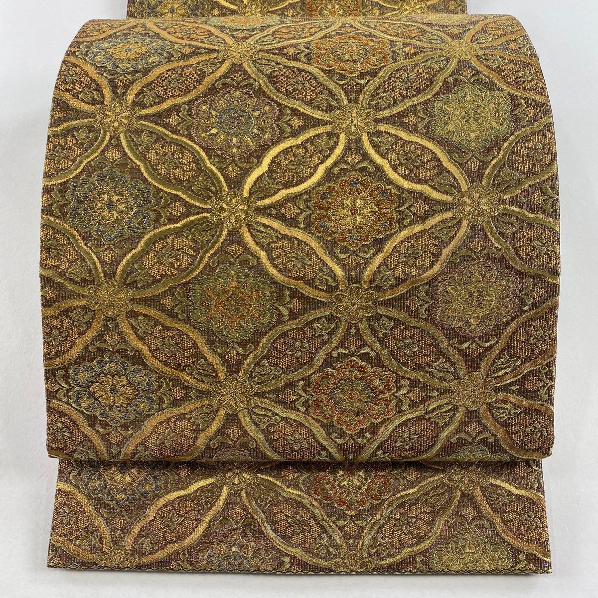 袋帯 美品 名品 七宝文 華文 金糸 箔 金色 六通 正絹 【中古