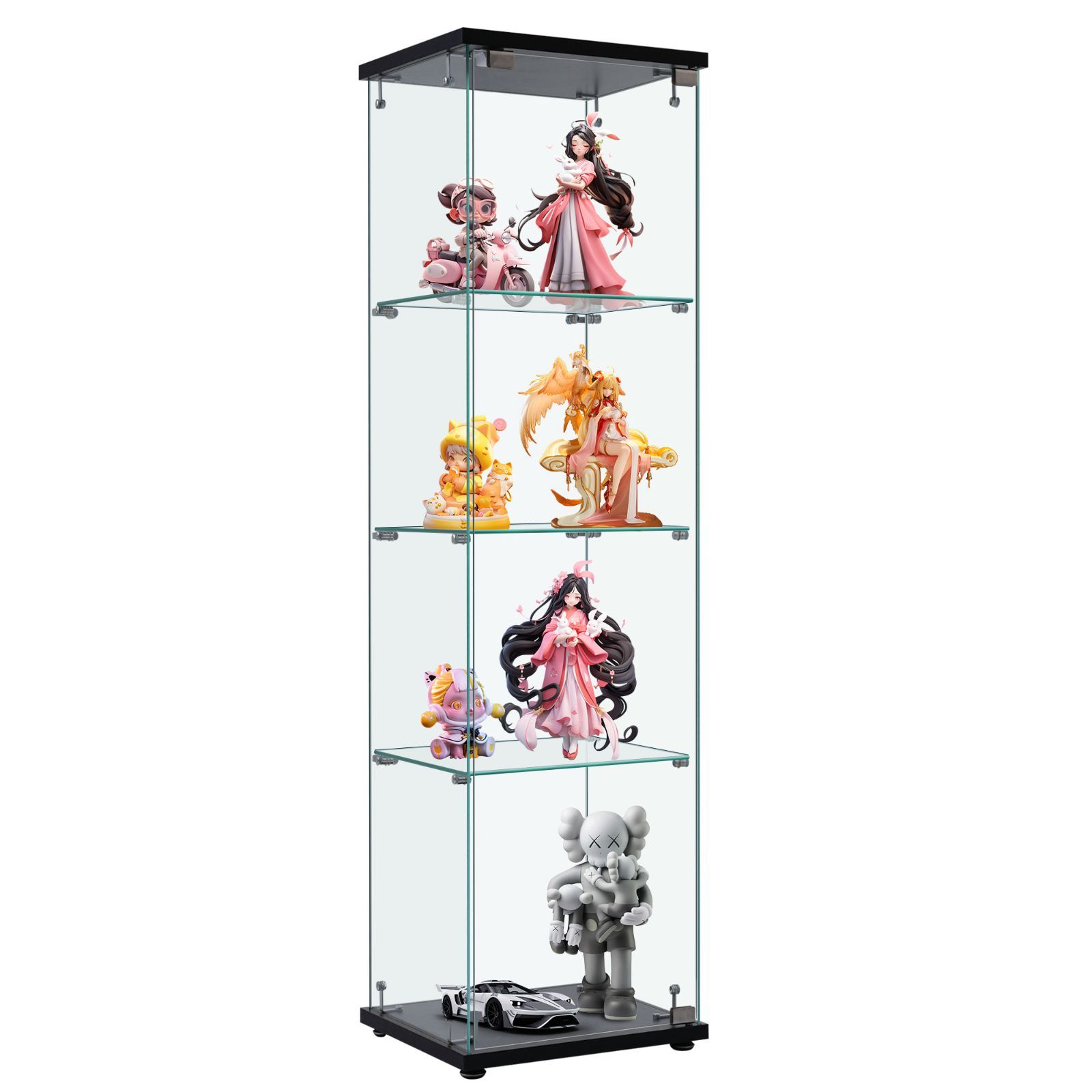コレクションケース ガラスディスプレイキャビネット フィギュアケース 4段 ブラック 強化ガラス 全面ガラス サイズ:幅42.5×奥行36.5×高さ162cm