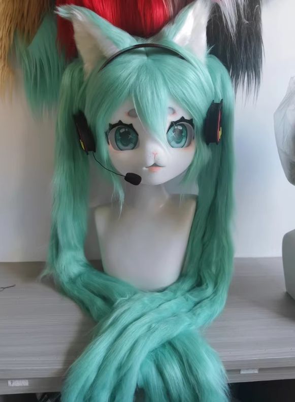 着ぐるみヘッド kigurumi NO.52 猫 青緑 ファースーツ 全頭ヘッド ケモノ マスク ぬいぐるみ コスプレ コスチューム