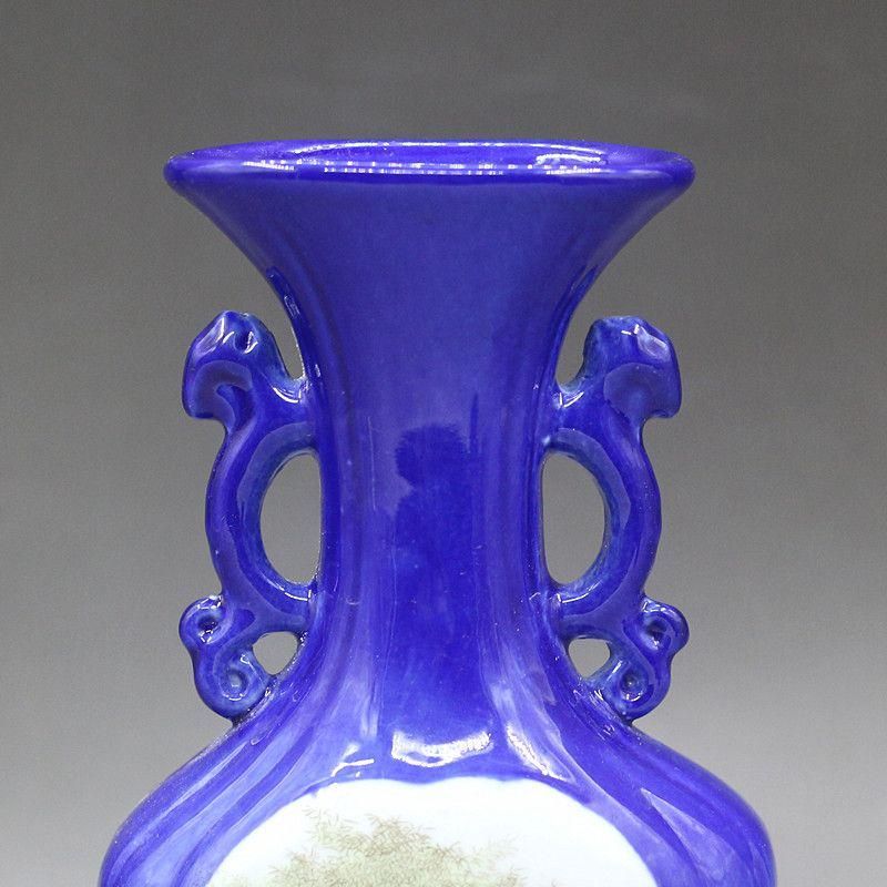 斉藍釉開窓西廂記両耳瓶  景徳鎮 陶磁器 装飾品 現代工芸品 美術品 置物 斉藍釉開窓西廂記両耳瓶 景徳鎮 陶磁器 装飾品 現代工芸品 美術