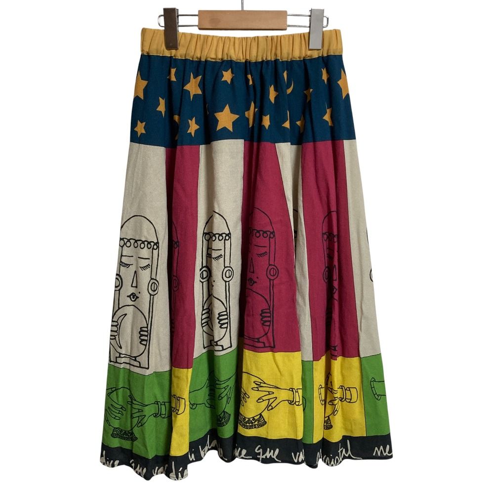 ♥ Jocomomola ホコモモラ シビラ プリント ミモレ丈 イージー ギャザースカート サイズ40 マルチカラー レディース 古着