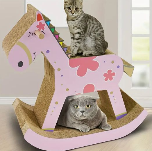 トータルペットグッズ ピンクのロッキングホース型猫用スクラッチャー | 耐久性のある波形段ボール | 多段階遊び＆爪研ぎステーション 猫用の快適な隠れ家付き 猫アクセサリー