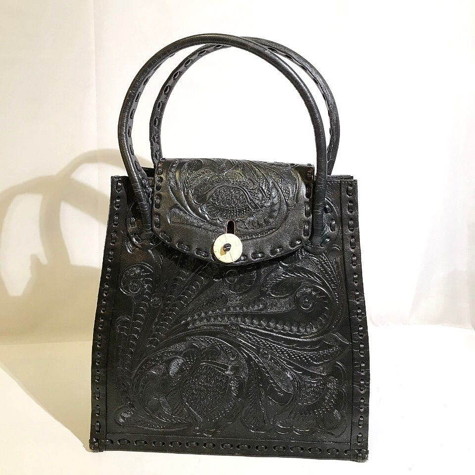 カービングトライブス　レザートートバッグ　ハンドバッグ　型押し　花柄　ネイビー Carving Tribes カービングトライブス レザー バッグ