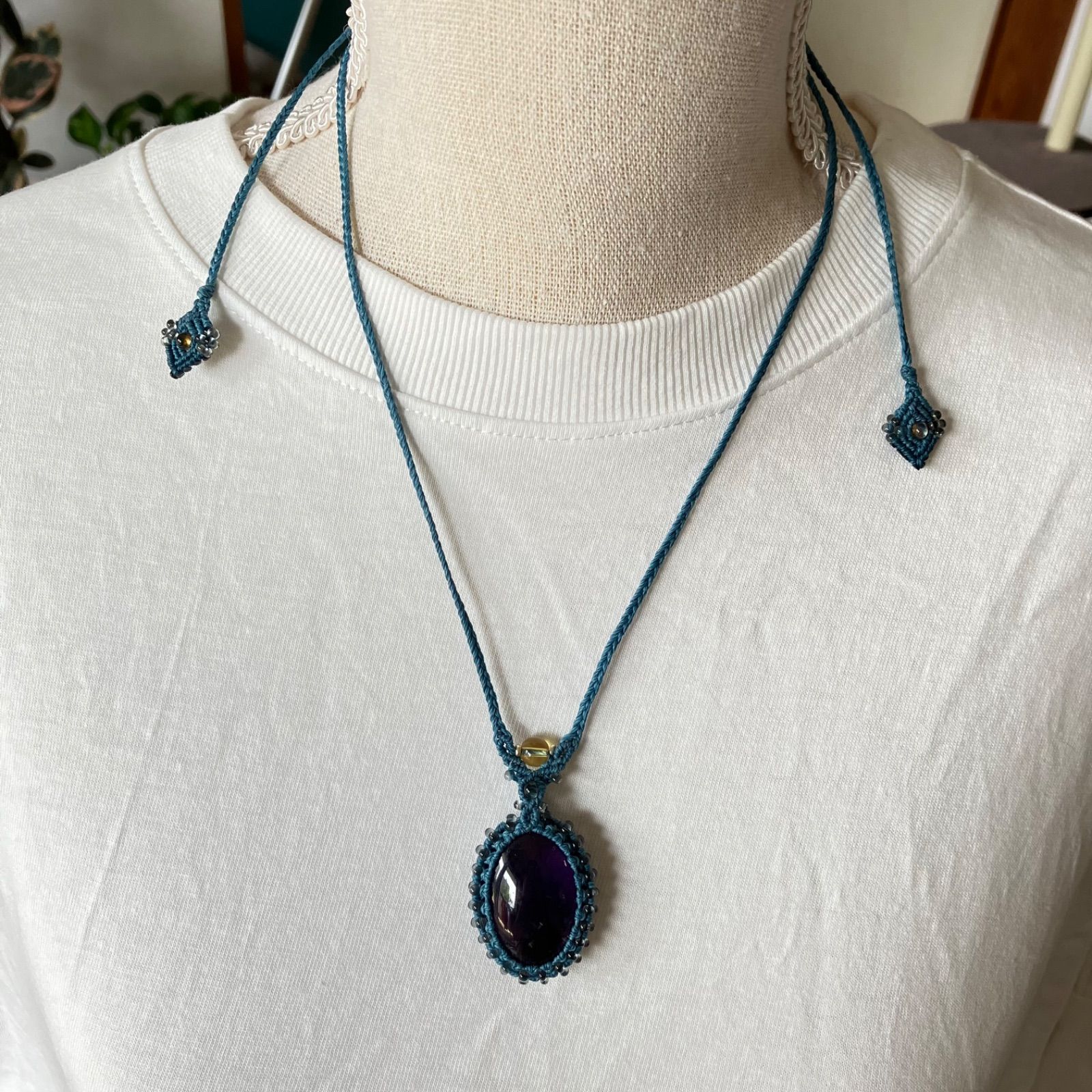 アメジストとシトリンのマクラメ編みネックレス ペンダント