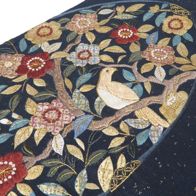 蘇州刺繍 結城紬地 袋帯 象の図 花文様 金糸 正絹 お太鼓柄 袋帯 未使用 正絹 フォーマル 仕立て上がり お太鼓柄 相良刺繍