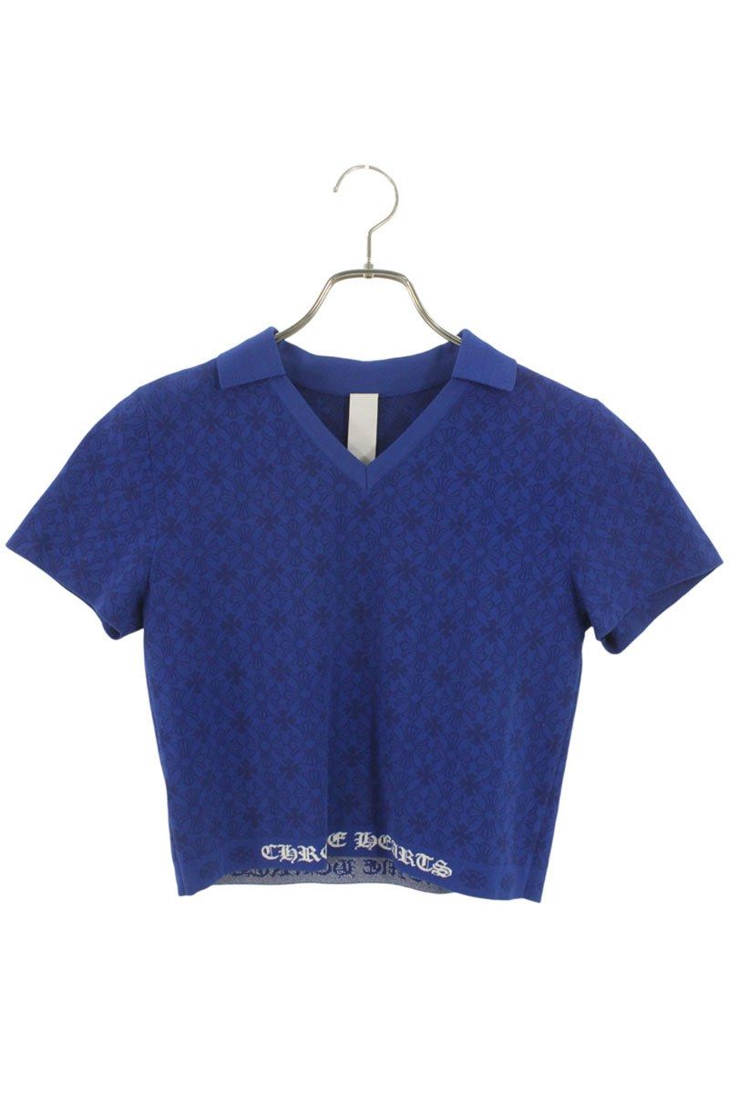 クロムハーツ CH総柄リブロゴポロVネック半袖ニット レディース M