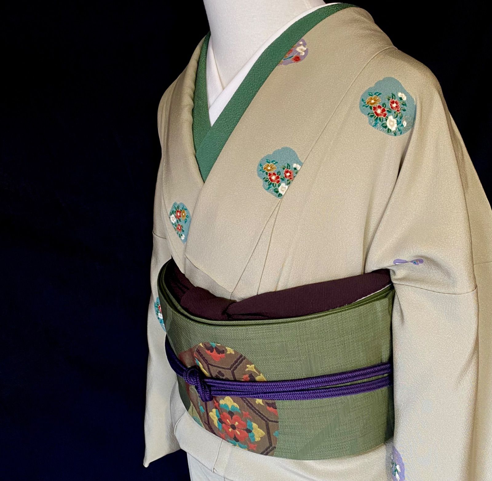 貝に花紋七宝の袋帯〉抹茶色 洒落袋 トール - メルカリ 