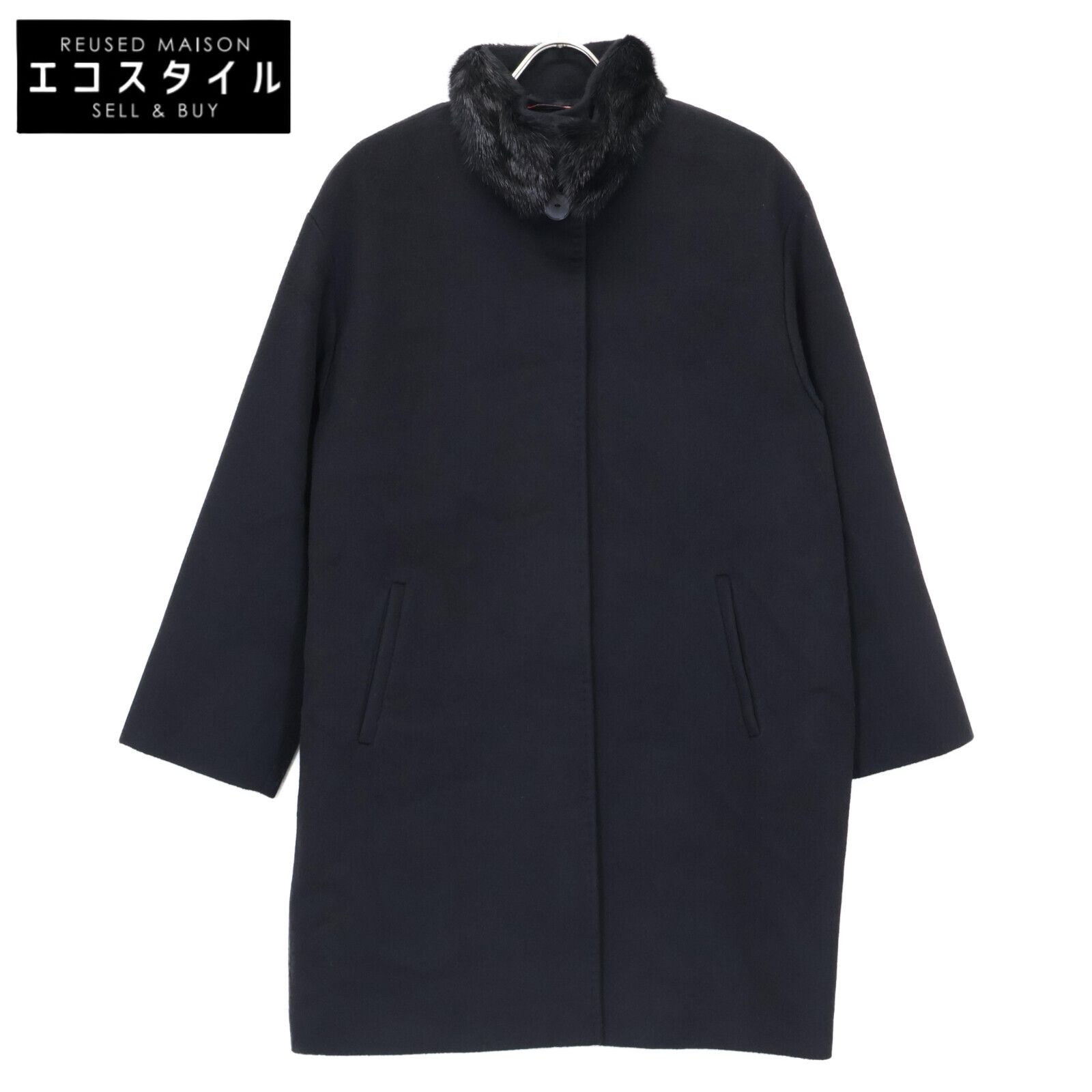 Max Mara マックスマーラ 60861349 ﾌﾞﾗｯｸ ｳｰﾙ ﾌｧｰｶﾗｰﾐﾃﾞｨｱﾑｺｰﾄ 36