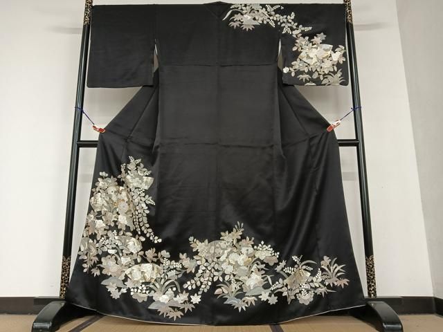 平和屋着物○訪問着 辻が花 地紙重ね花文 黒地 金彩 正絹 逸品  
