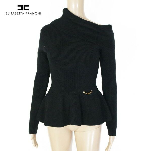 80%OFF エリザベッタフランキ ELISABETTA FRANCHI ニット 38 EKN740 Sサイズ ブラック レディース 長袖ニット オフショルダー リブ編み イタリア製