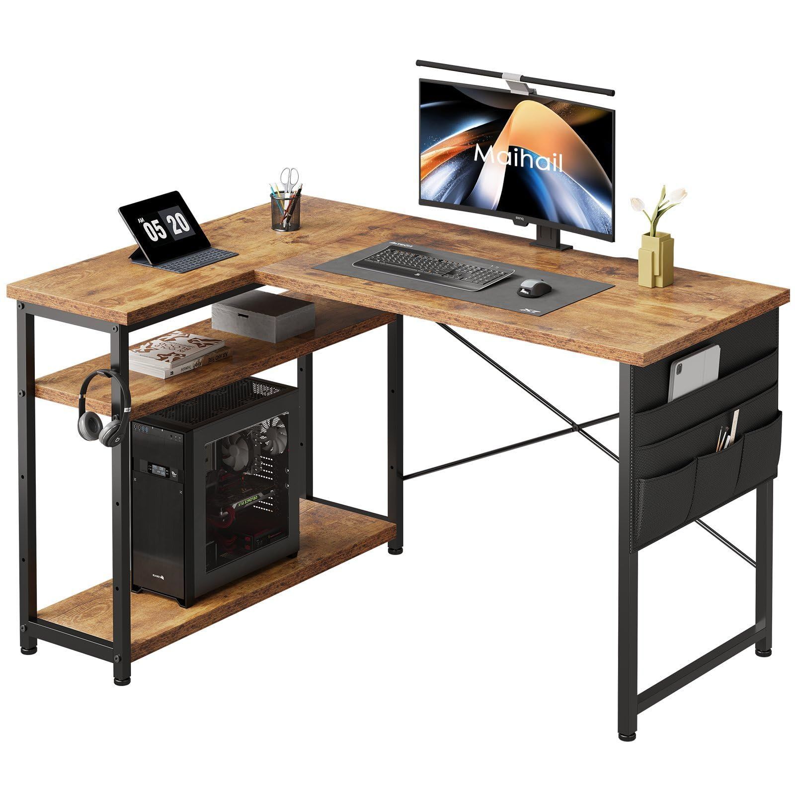 Maihail デスク 机 pcデスク パソコンデスク l字デスク 右棚左棚 幅120cm desk コーナーデスク つくえ 棚板高さ調節 作業机 L字型 勉強机 在宅ワークデスク リモートワーク ゲームデスク ラック付き ピンテージ