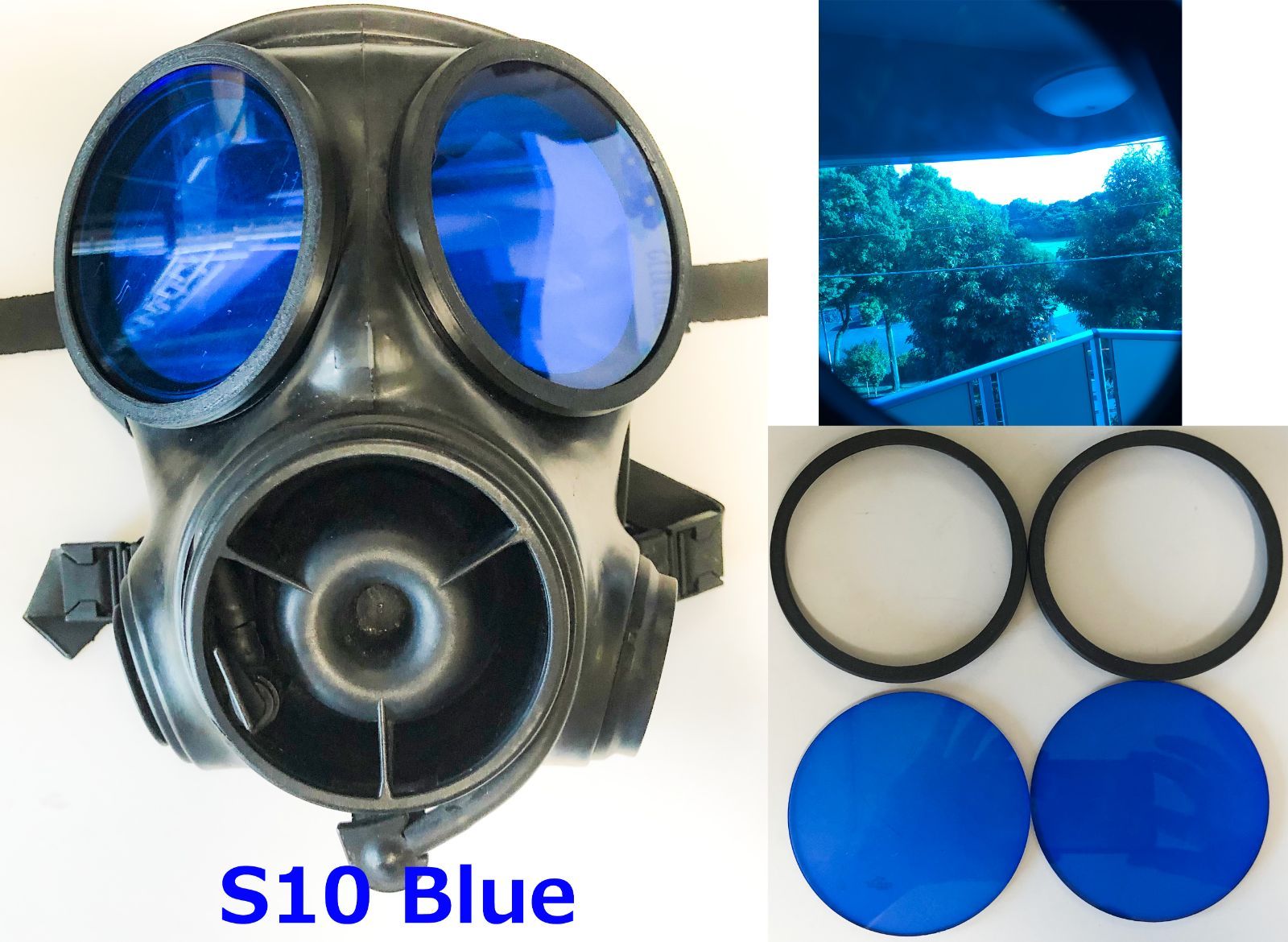 イギリス軍S10ガスマスク用レンズ Blue 青 GasMask 外付けリング付 