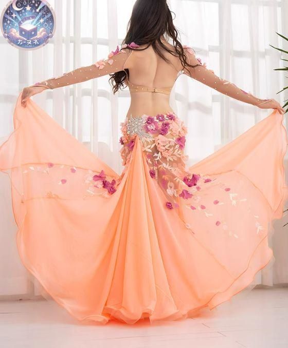 新品 未使用 新作 ベリーダンス衣装 ブラスカートセット オレンジ系 花