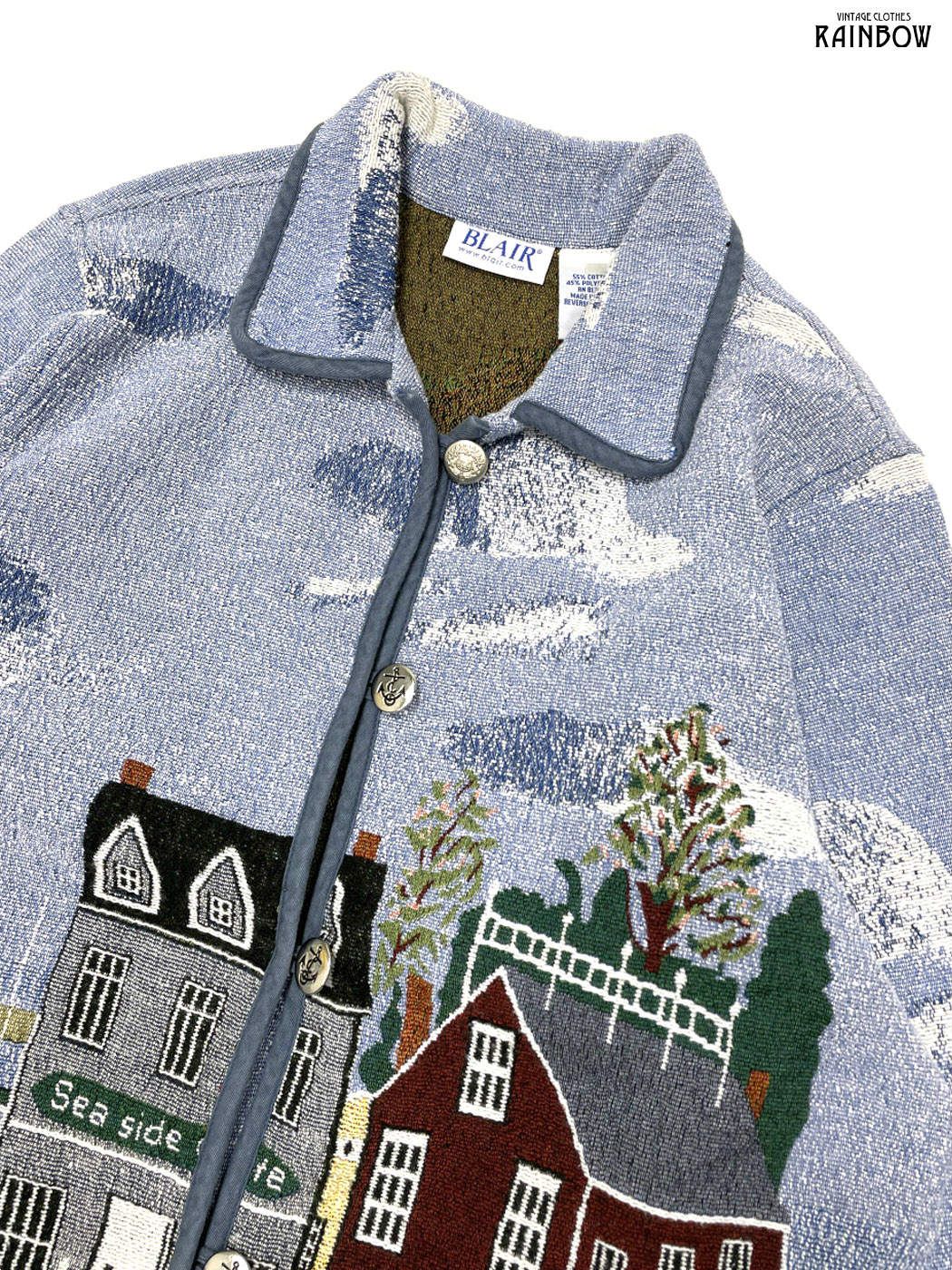 古着 BLAIR コブラン織り 前開き 総柄 コットン 長袖 アウター ライトジャケット 青 水色 ttu2510058