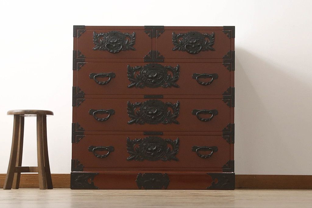 仙台民芸箪笥 仙台箪笥 整理箪笥 中古 欅産業製 漆塗り 朱色 金具 収納