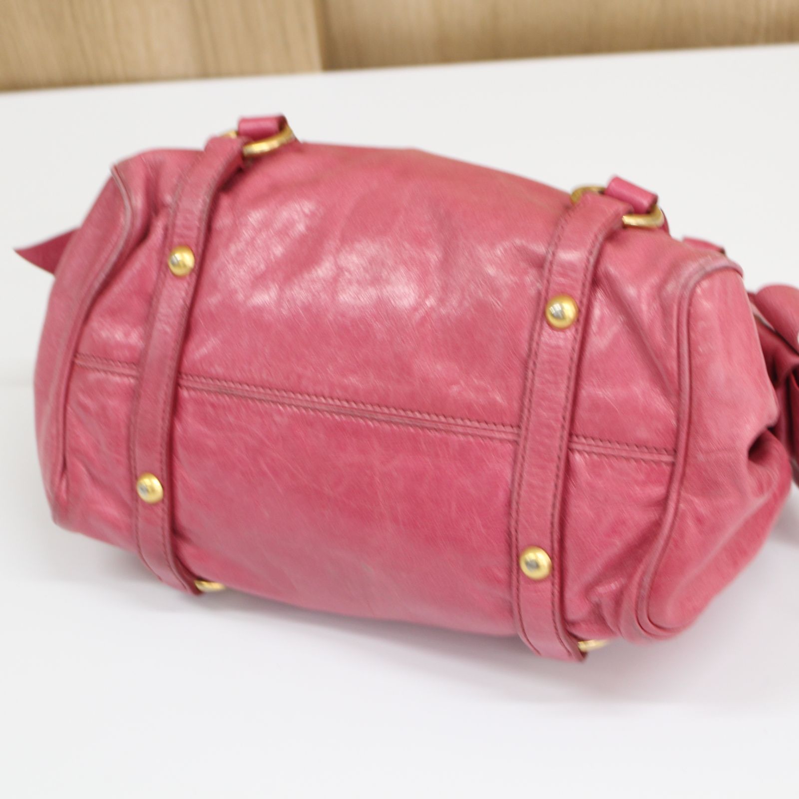 A932】miu miu 2wayバッグ レザー ピンク リボン ミュウミュウ