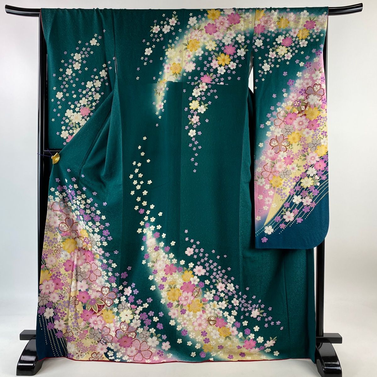 振袖 身丈170cm 裄丈67.5cm L 袷 手鞠 花 金彩 染め分け 緑 正絹 名品 【 