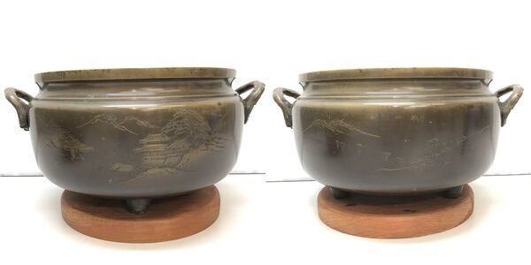 ss6782 【中古】 真鍮火鉢 山水画 大型 取っ手付き 台座付き 火