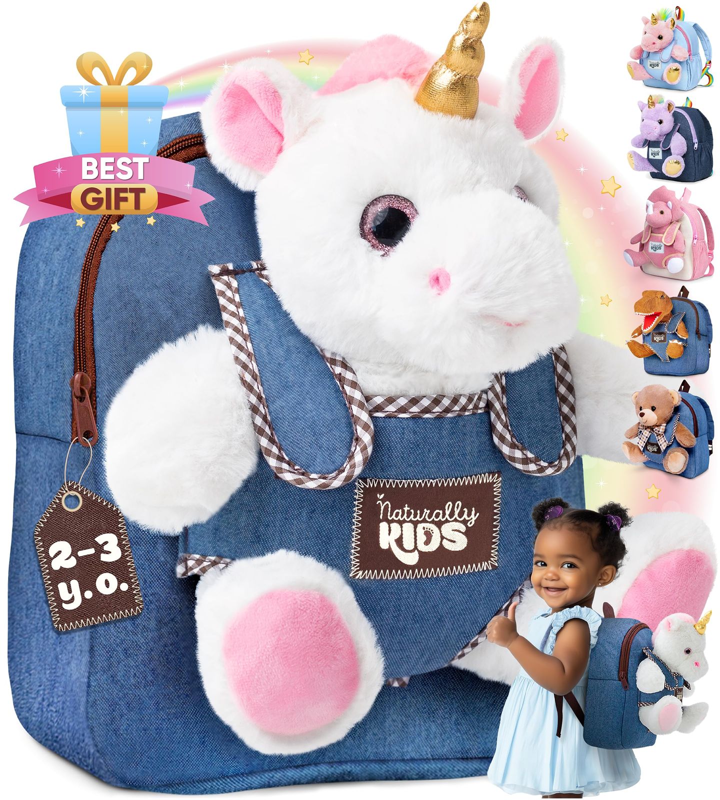 Naturally KIDS 幼児用バックパック ぬいぐるみ付き 幼児向けギフト 男の子用 女の子用 小さなバックパック ユニコーントイ ユニコーントイ11個 スモールバックパック