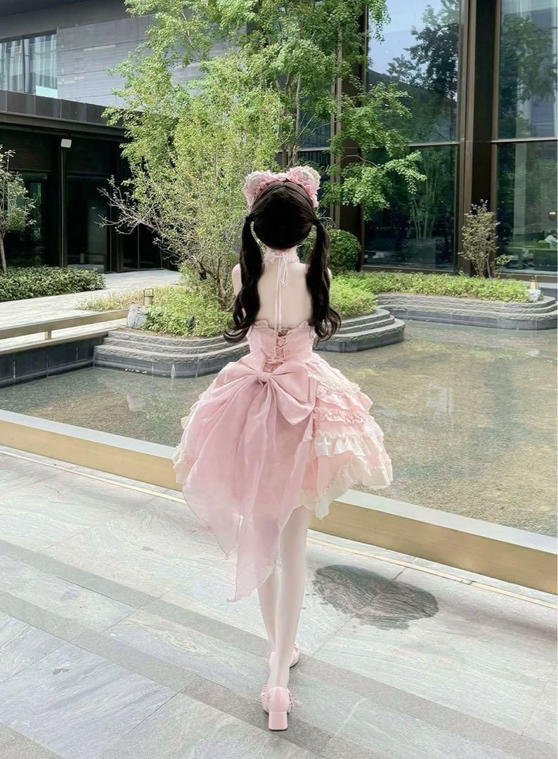 ゴスロリドレス フリル・リボン付きお嬢様 めめしい メイド衣装 可愛い ピンク ゴスロリドレス フリル・リボン付きお嬢様 めめしい メイド衣装