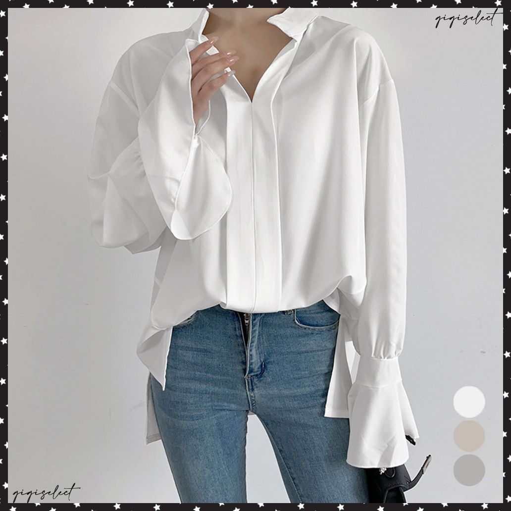 フレア袖シャツブラウスレディースゆったりvネック 長袖ブラウン スリット 軽いトップス オフィスカジュアル シフォンブラウス白 大人きれいめ ドレープシャツ通勤とろみブラウス韓国 ボ