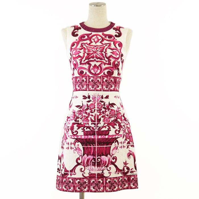 ♥ DOLCE-GABBANA ドルチェアンドガッバーナ ワンピース ブロケード マヨリカプリント ジャガード ノースリーブ ドレス レディース サイズ 36 パープル ピンク ホワイト 紫 桃 白 イタリア製