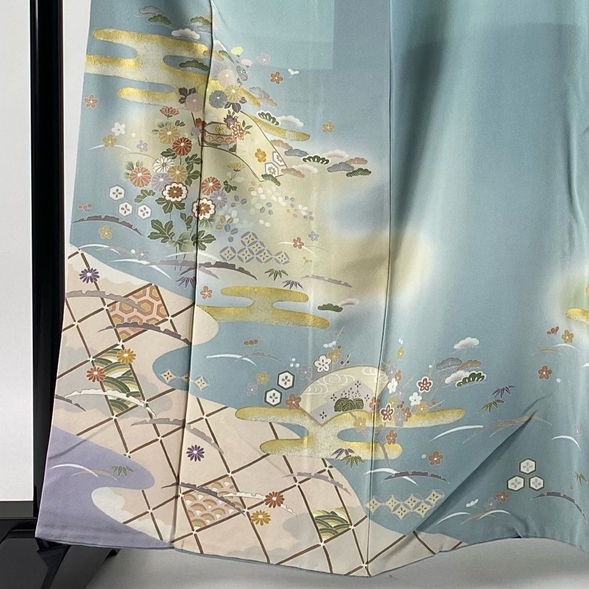 訪問着 美品 秀品 扇面 草花 金彩 ぼかし 青緑 袷 163cm 64.5cm