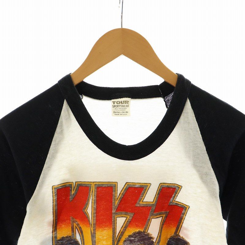 キッス KISS 80S Tシャツ カットソー 7分袖 S 白 ホワイト 黒 ブラック /AN19 レディース キッス KISS 80S Tシャツ カットソー 7分袖 S 白 ホワイト 黒