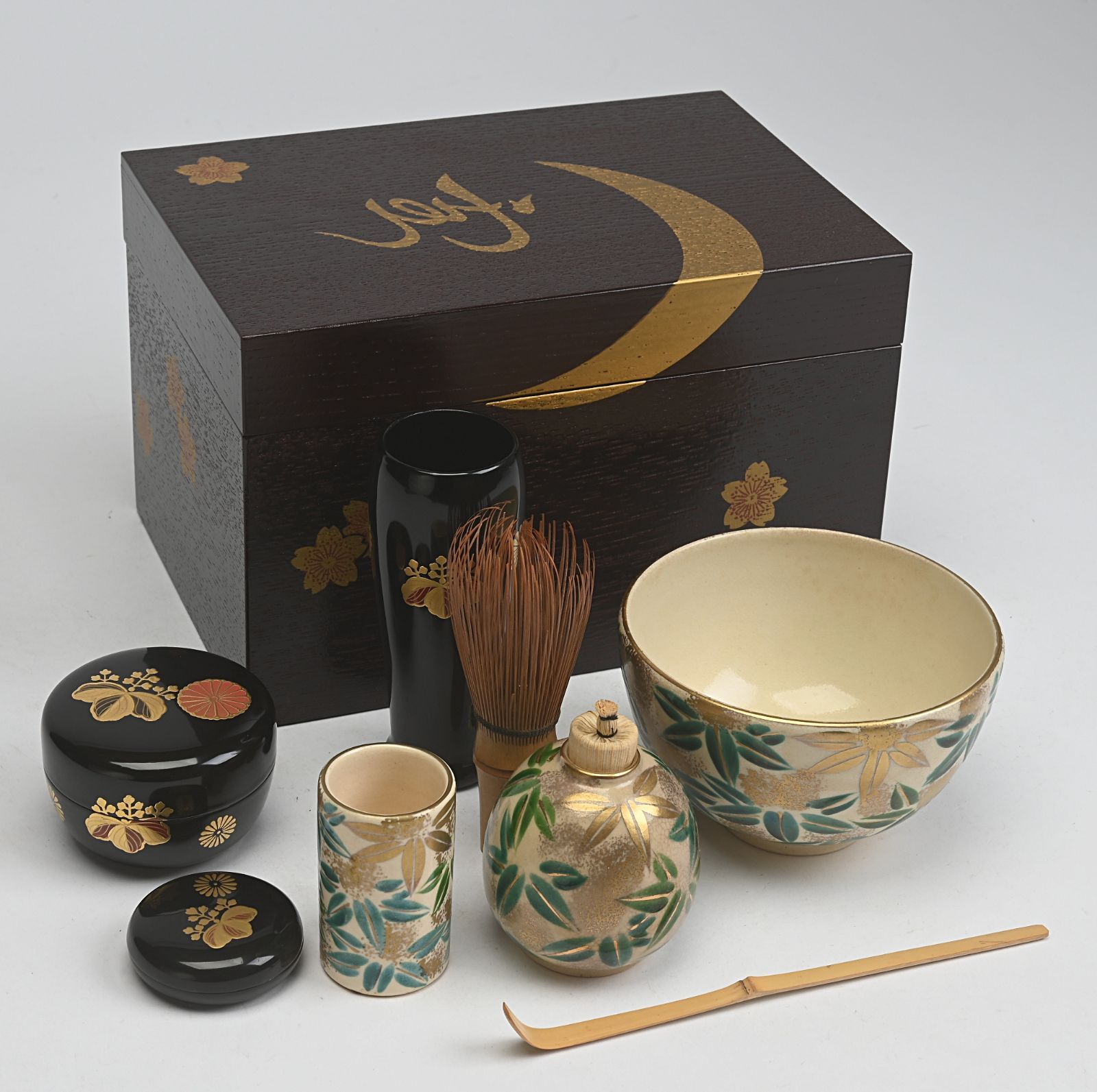 溜内黒塗 月に桜蒔絵 茶箱 茶道具セット
