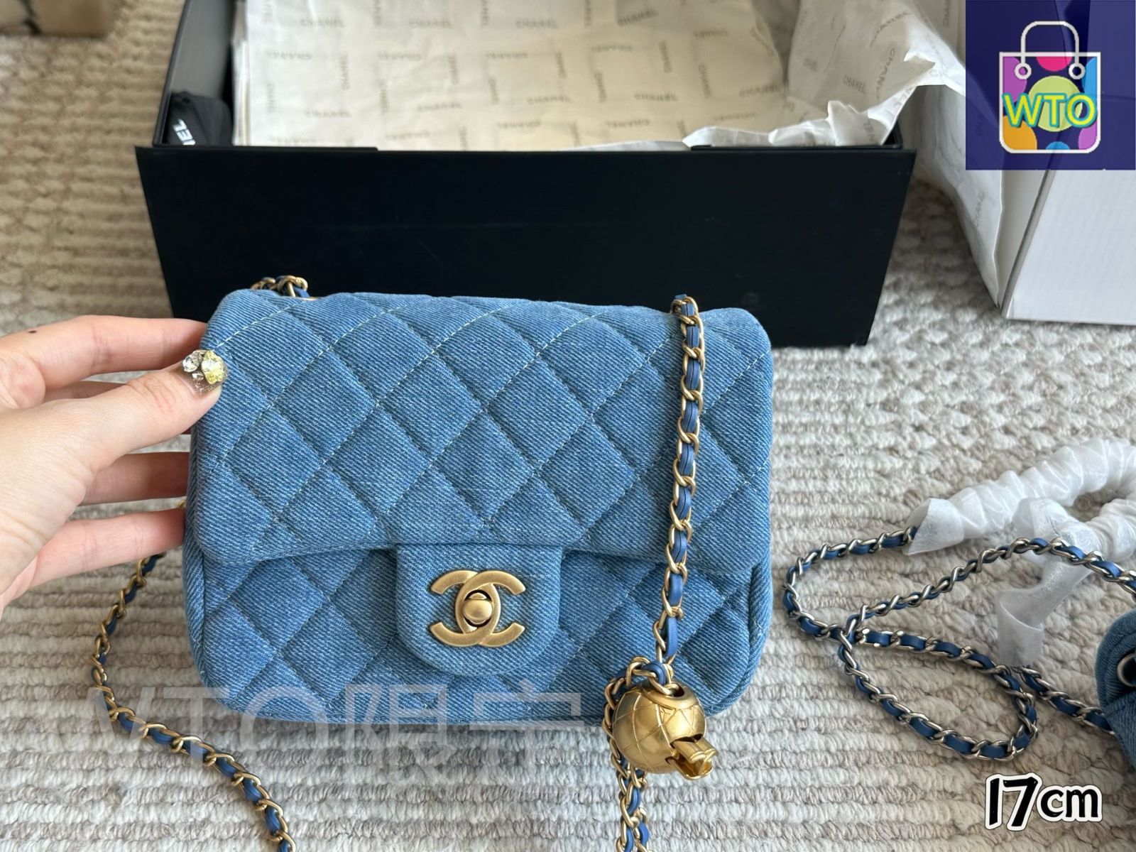 今日特価】Chanel Denim Golden Ball Square Flap [17×13cm