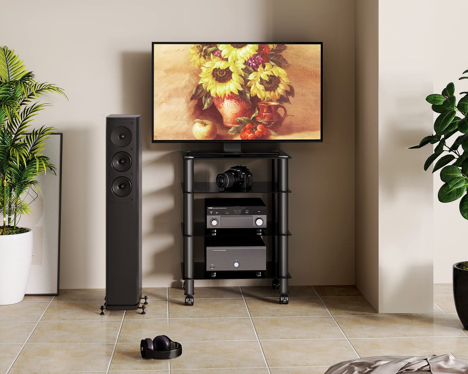 AS406005GB ブラック 幅600mm 強化ガラス 4段 コンポーネント スタンド メディア キャスター付き オーディオラック