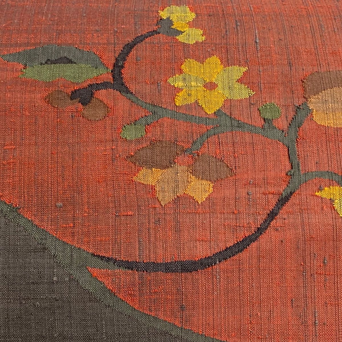 名古屋帯 秀品 落款 紬地 草花 赤茶 正絹